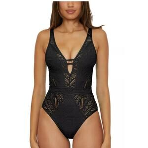 BECCA® by Rebecca Virtue Color Play Crochet Plunge One Piece Swimsuit, Small NWT